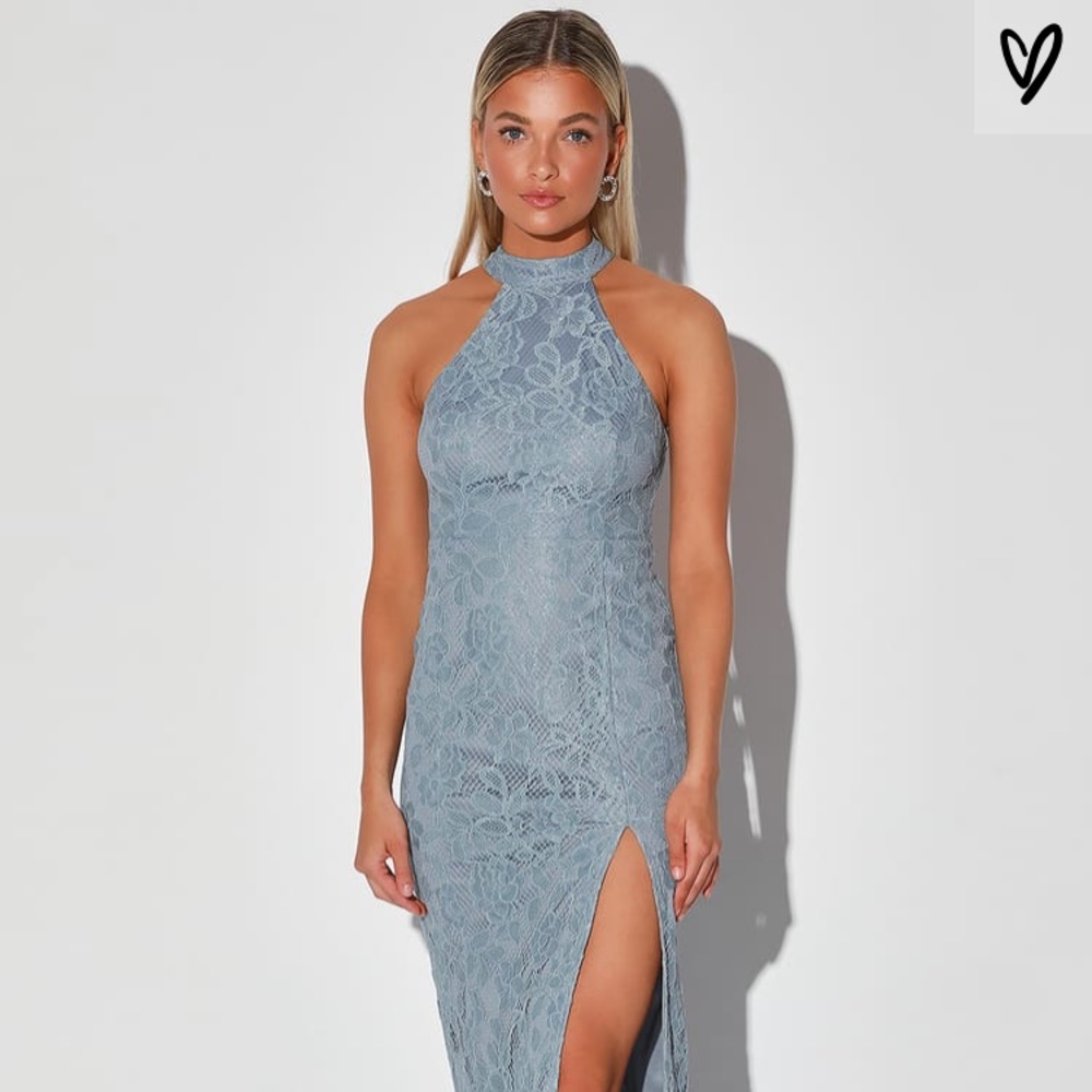 Blue Lace Halter Maxi Dress